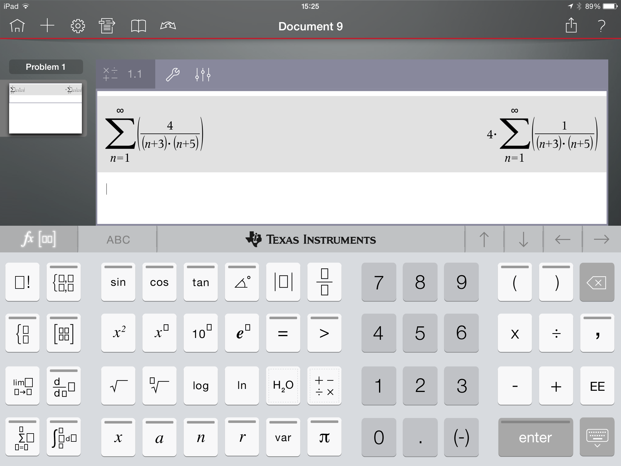 Screen shot of app, which emulates a graphing calculator. The series has been input, but instead of evaluating, the calculator returns the same series with the constant 4 factored out.