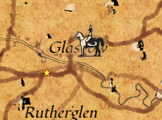 Google map, but in a old pirate map style. Glasgow has a person on a horse with a traffic cone on his head